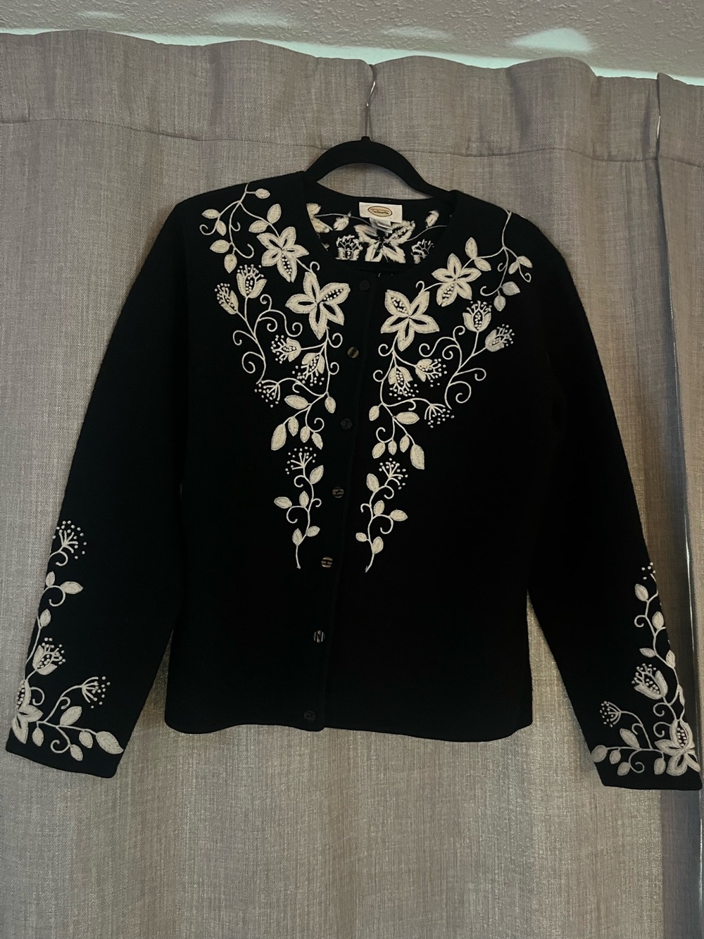 Talbots Black Cardigan Jacket with Cream Floral Embroidery